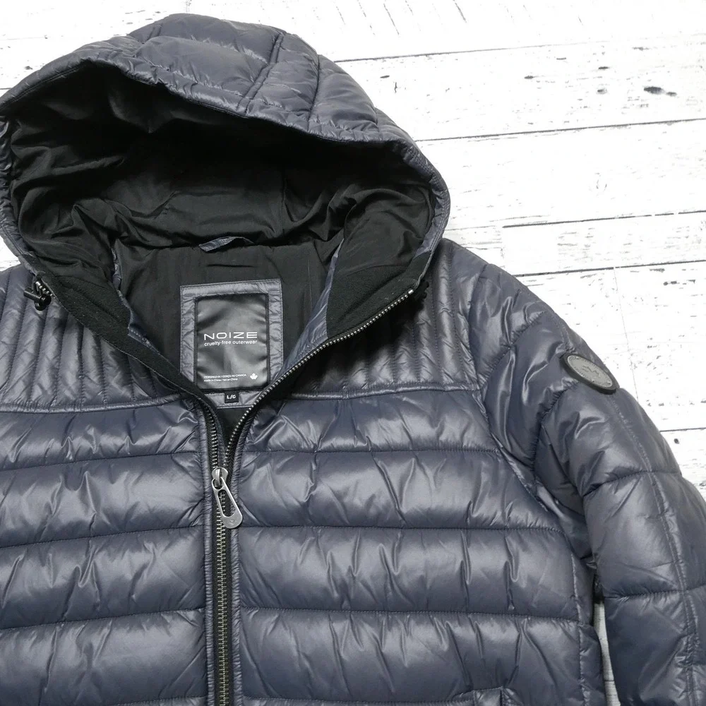 Noize Jacket Mens Large Gray Hooded Puffer Full Zip Cruelty Free Vegan Outdoor